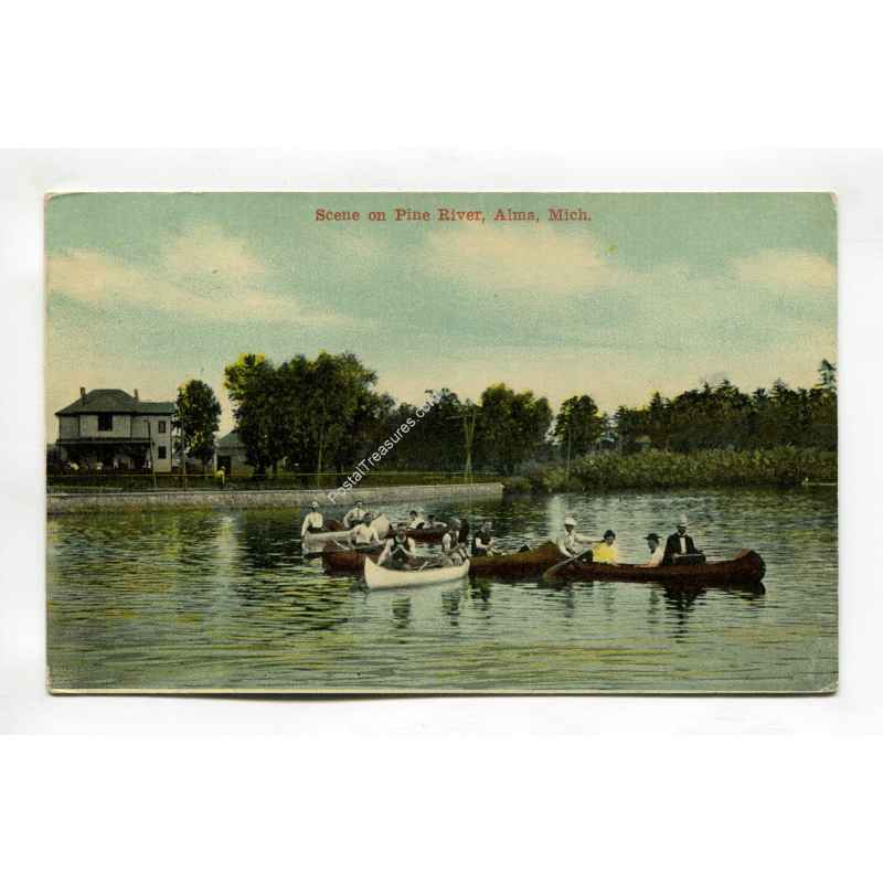 Scene on Pine River Alma Michigan vintage postcard